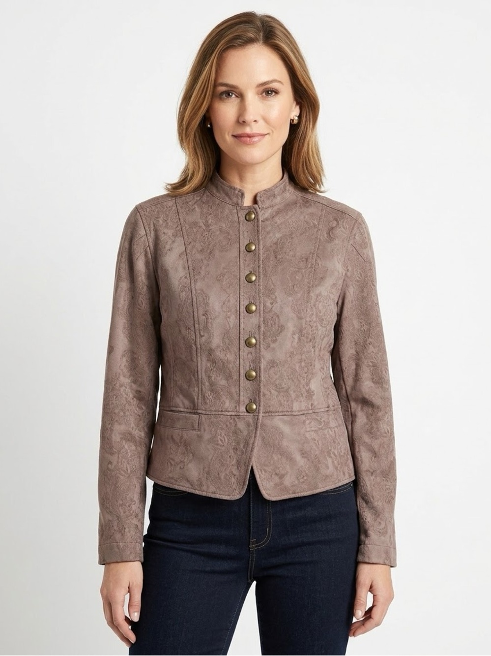 Field Manor Vtg Women's Brown Paisley-Embossed Suede Jacket with Brass Buttons